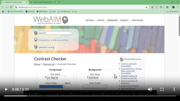 "WebAIM Color Contrast Checker Tool" video thumbnail links to https://www.section508.gov/training/create/making-color-usage-accessible/webaim-contrast-checker/